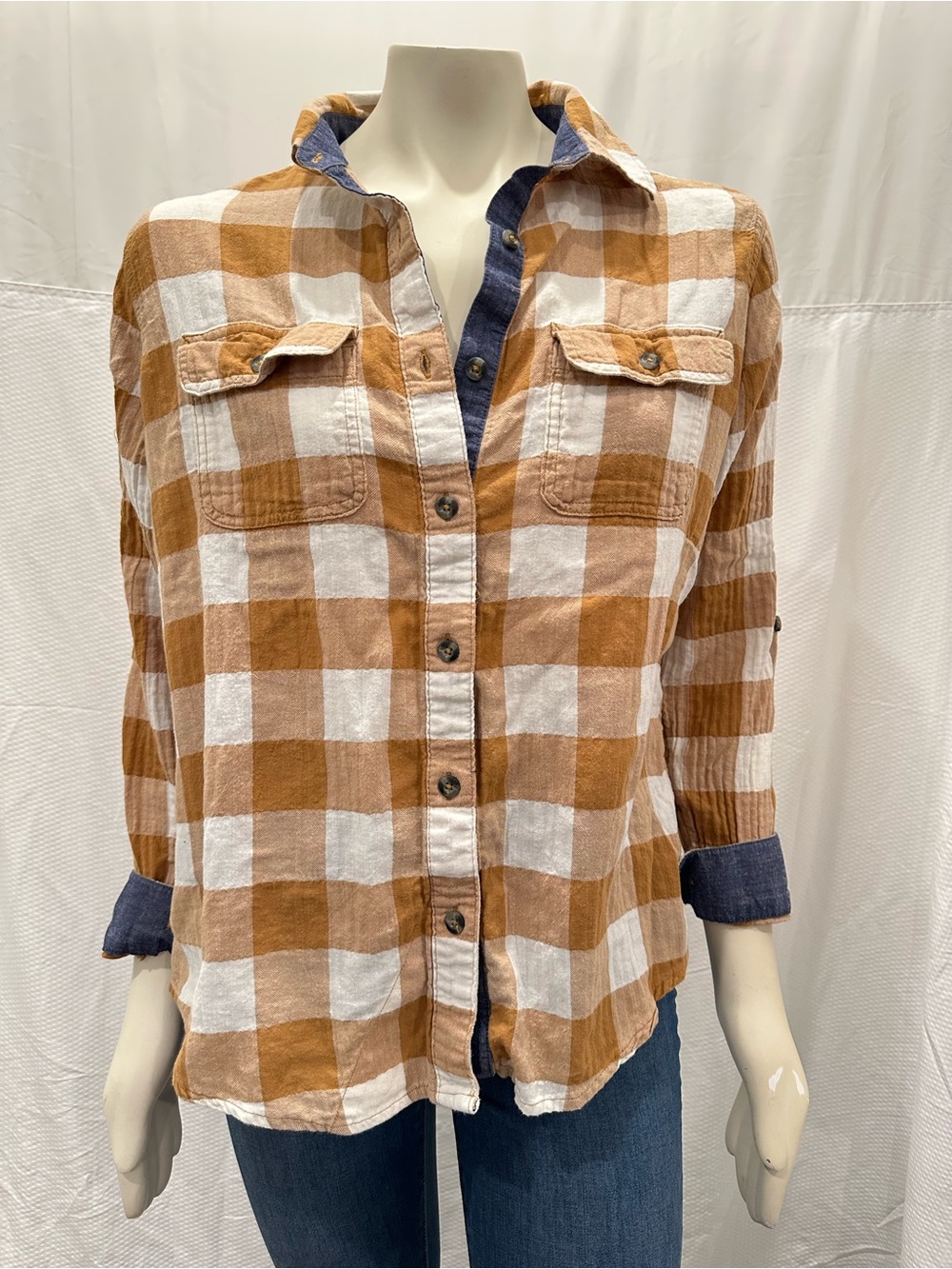 Magellan Outdoors Campfire Plaid Button-Down Shirt with Denim Trim Sz Large